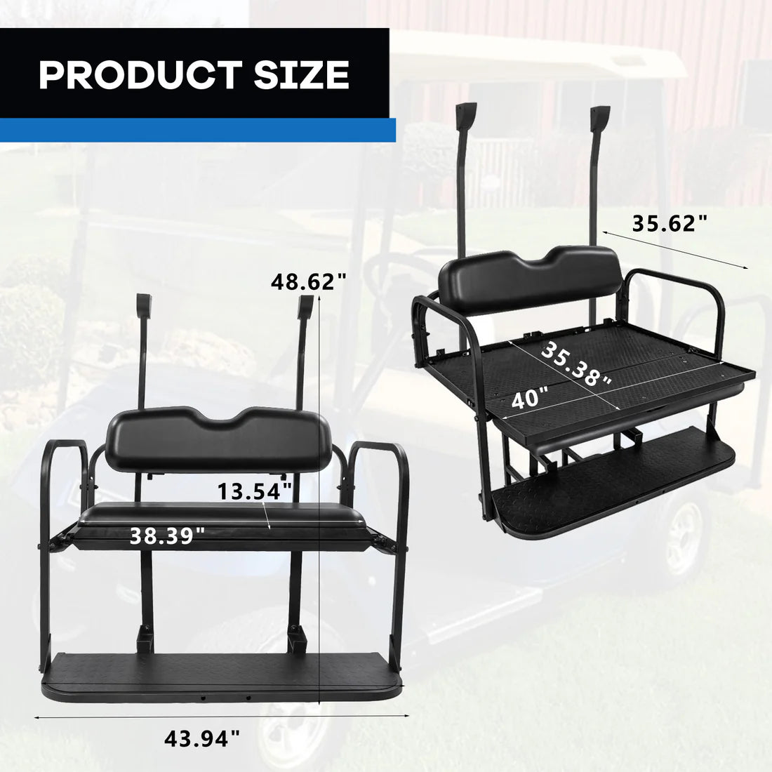 Golf cart seat attachment with black cushions on a golf cart. club car
