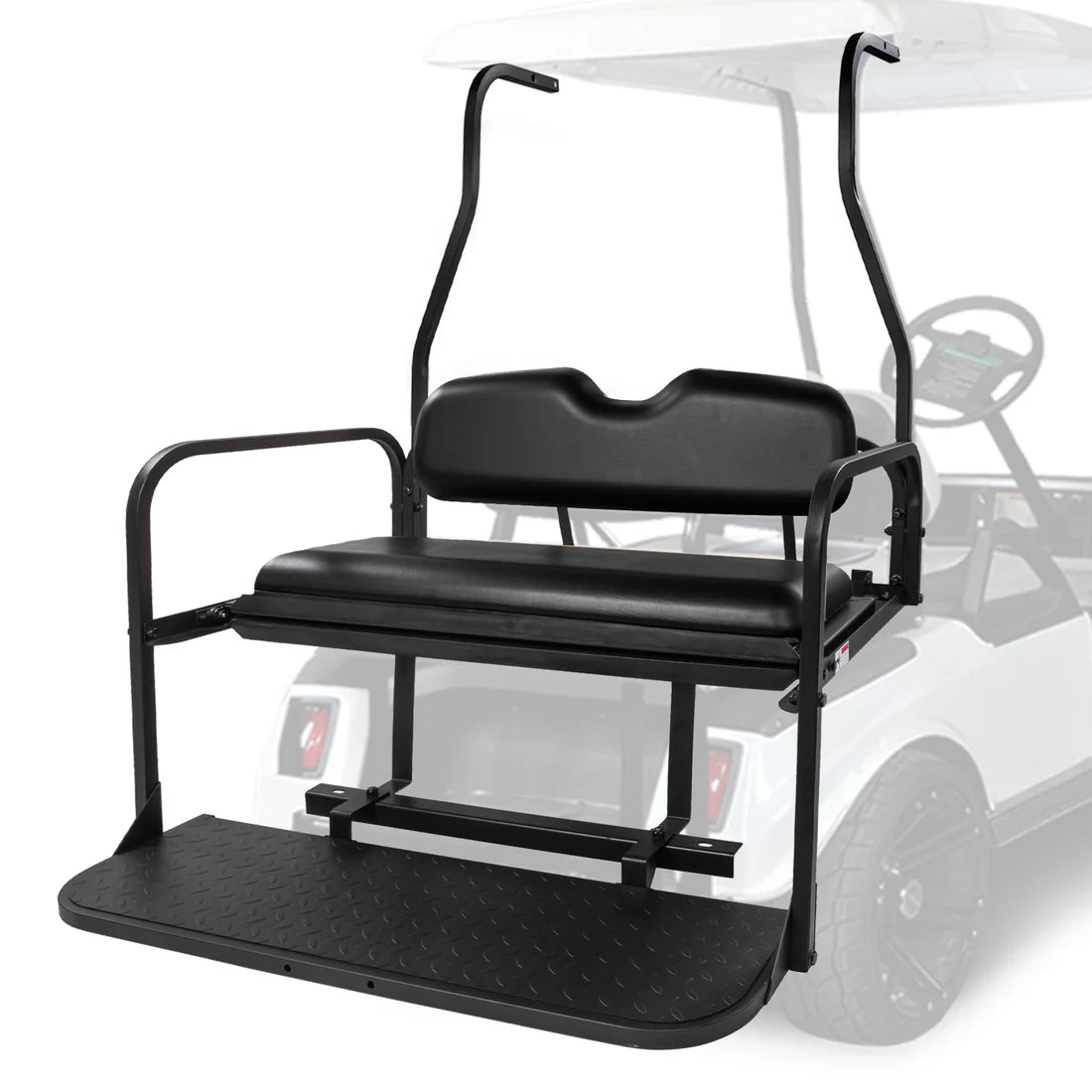 Black golf cart seat attachment with black seat cushions