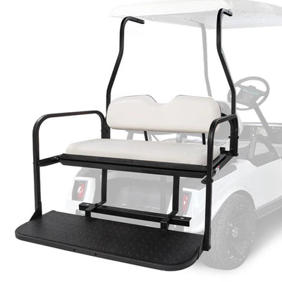 Golf cart seat with black frame and white cushion on a golf cart.