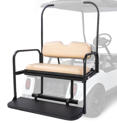 Golf cart seat with beige cushions and black frame 
