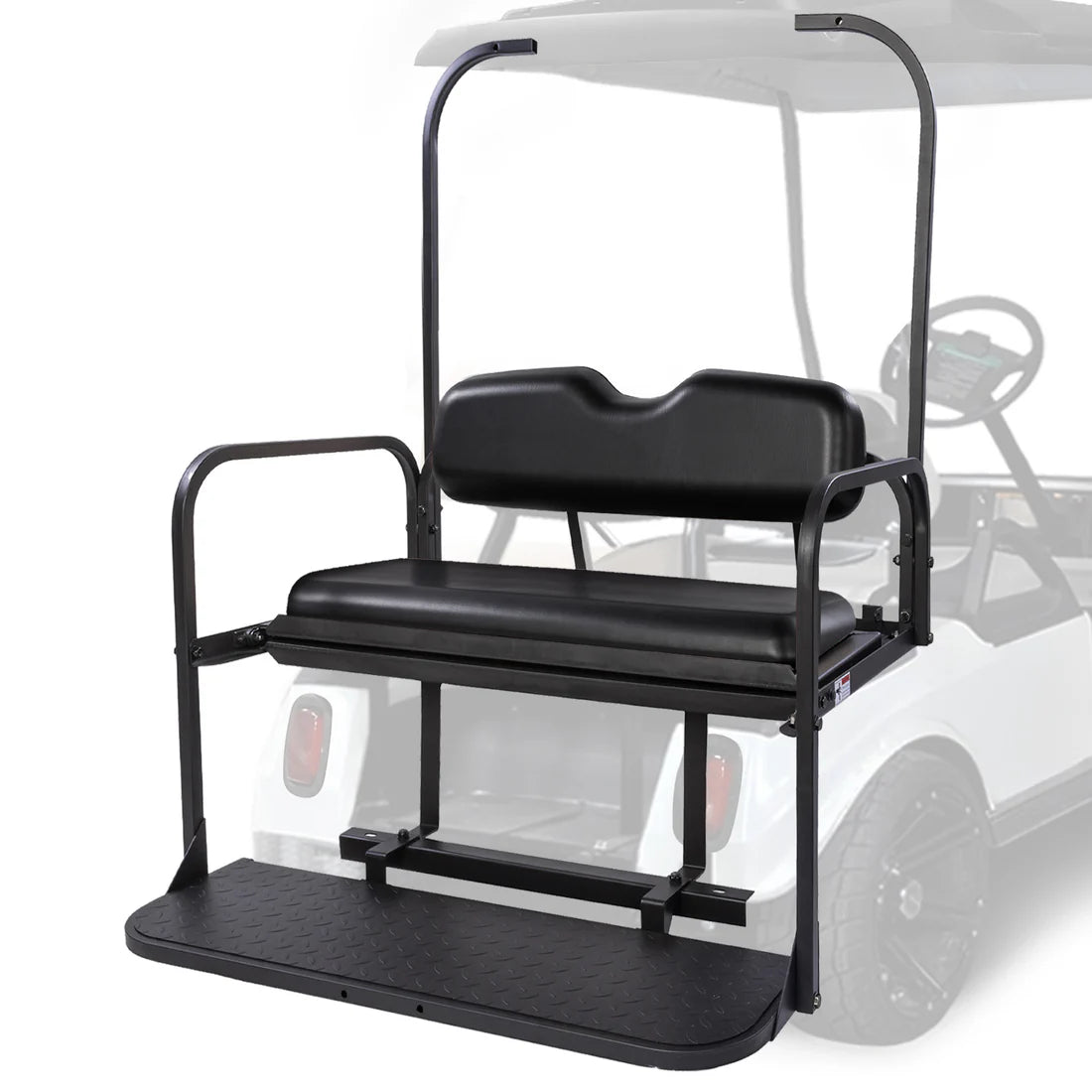 Black golf cart seat attachment with black seat cushions