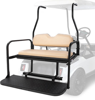 Beige seat with black frame on a golf cart, showing clear visibility of product and brand.