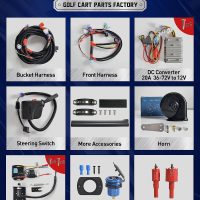 Golf cart parts factory with various components displayed on a grid.