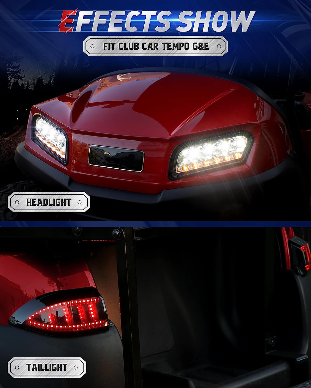 Red car with illuminated headlights and taillight on a dark background