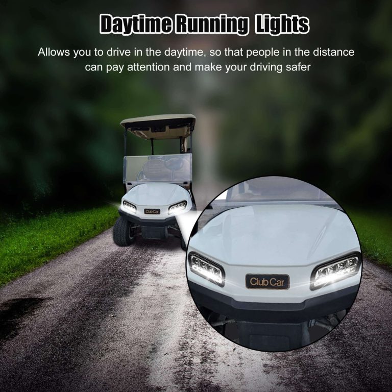 Golf cart with Daytime Running Lights on a road, highlighting the feature's safety benefits.
