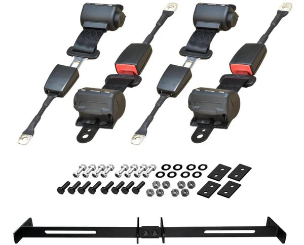 Set of golf cart seat belt restraints with hardware