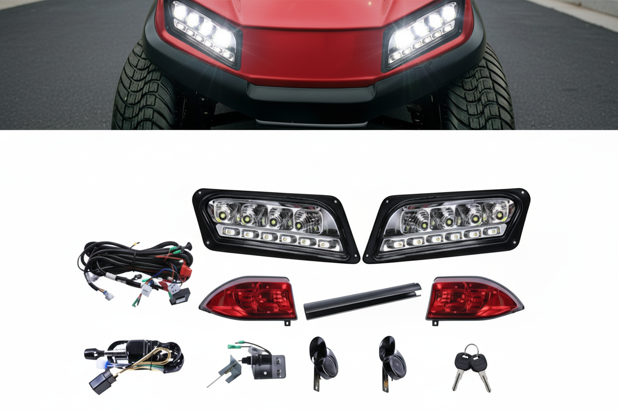 Candy apple red golf cart with illuminated headlights on pavement