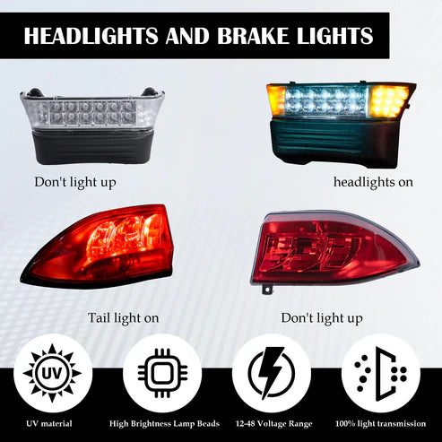 Illustration of headlights and brake lights with labels and icons on a white background