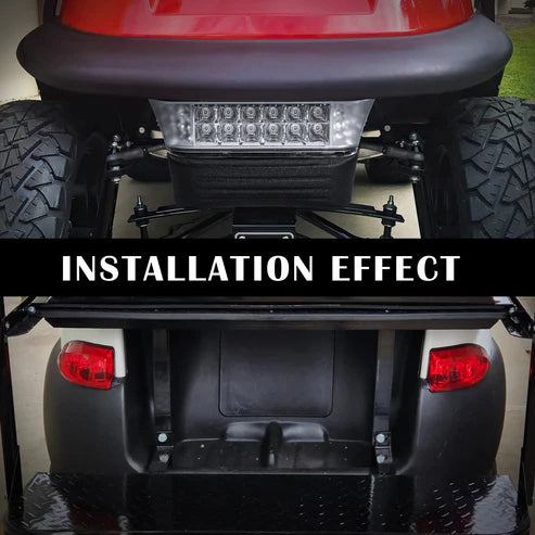 Top view of a red vehicle with a mounted light bar and rear view of a black vehicle with visible taillights.