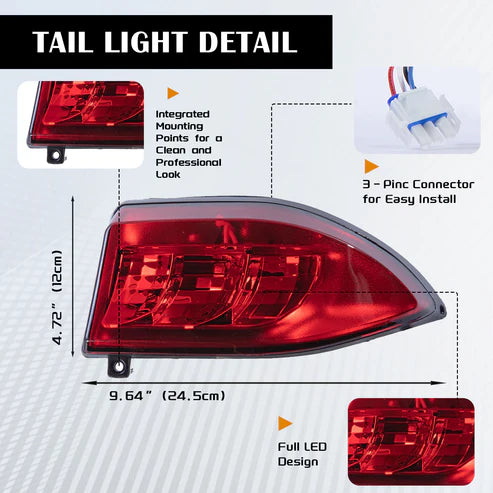 Tail light detail with dimensions, mounting points, and connector on a white background