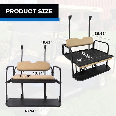 Golf cart seat attachment with buff cushions on a golf cart. club car