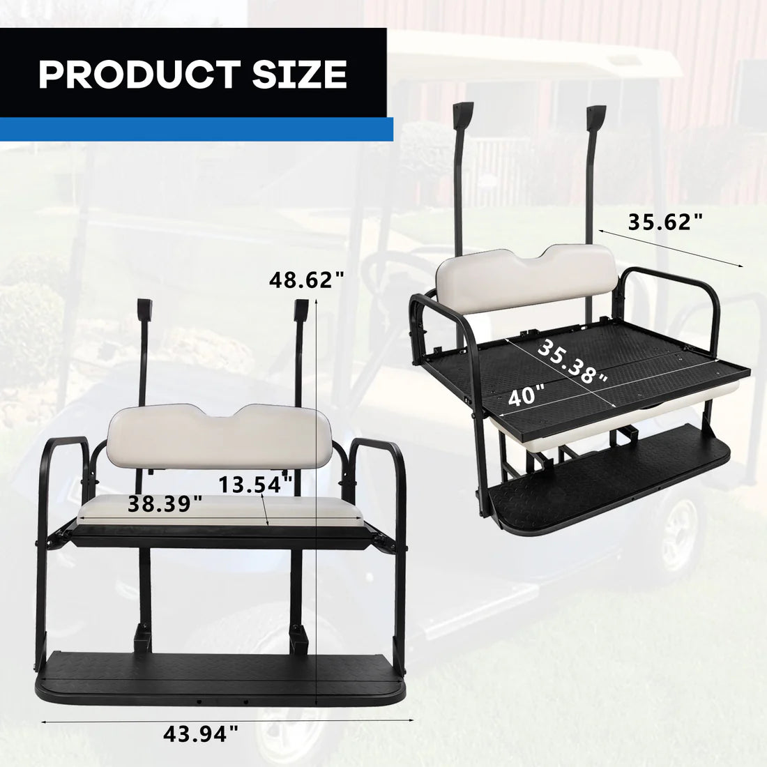 Golf cart seat attachment with white cushions on a golf cart. club car