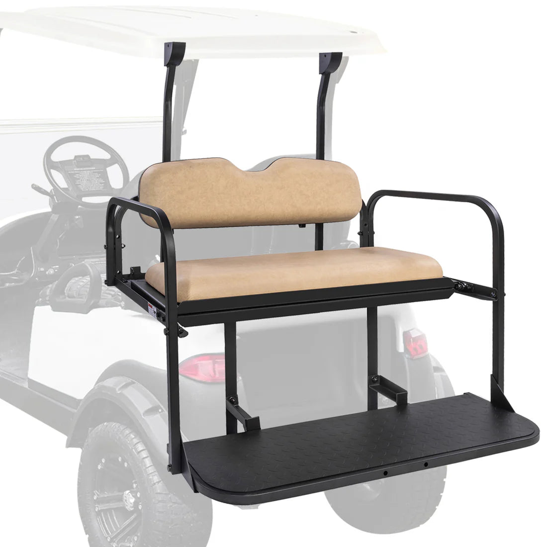 Golf cart seat attachment with buff cushions on a golf cart. club car