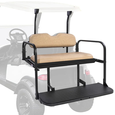 Golf cart seat attachment with buff cushions on a golf cart. club car