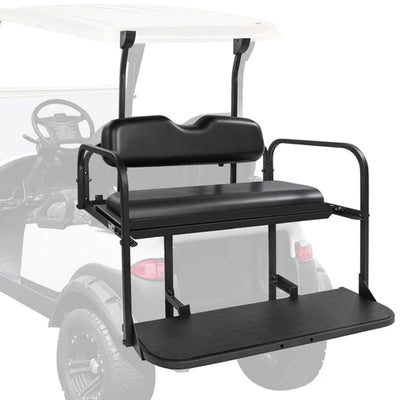 Golf cart seat attachment with black cushions on a golf cart. club car