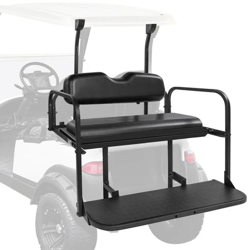 Golf cart seat attachment with black cushions on a golf cart. club car