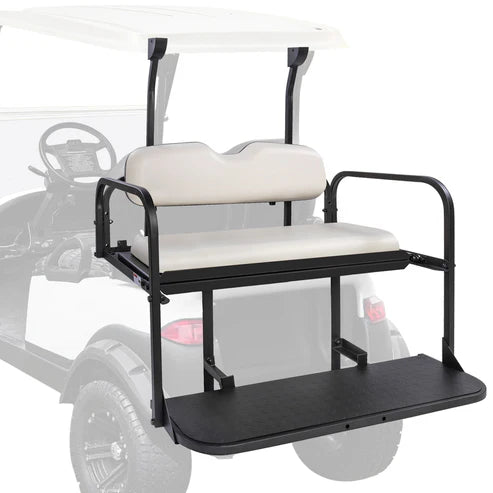 Golf cart seat attachment with white cushions on a golf cart. club car